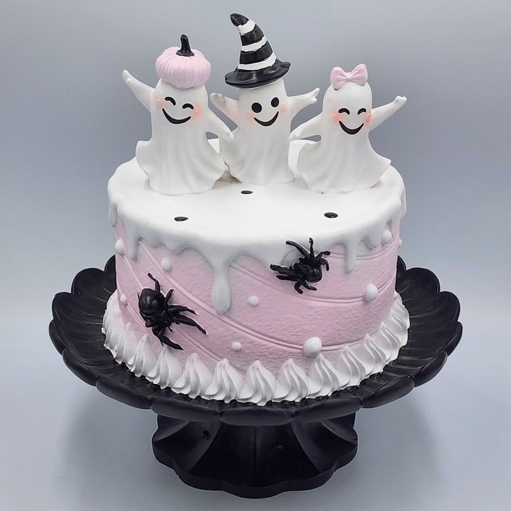 Halloween Ghost Cake Spooky Sweet Pastel Decor Black Pedestal 12" Summerween